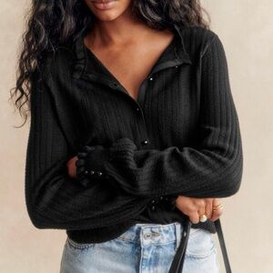 Sézane Louis Cardigan Black Merino Wool Ruffle Button XS